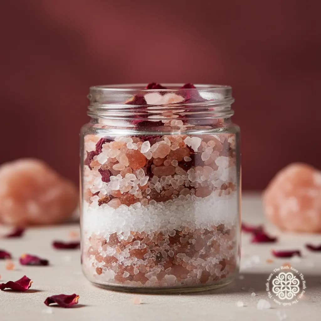 Rose bath salt — jar, with petals